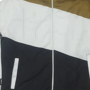 Coupe-vent unisexe à capuche avec fermeture éclair intégrale, panneaux color block géométriques blanc, noir, or, grande taille, imperméable, style urbain et extérieur - Product Image 6