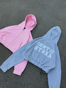 Custom Women Cropped Zip Up <b>Hoodie</b> Chenille Embroidery Monogram Chest Patch Drop Shoulder <b>Fleece</b> <b>Hoodie</b> - Product Image 1
