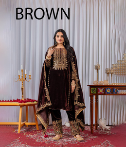 TENNECY Salwar Kameez de créateur lourd, costume de mariée pour mariage et fêtes, haut et bas en velours réversible avec ensemble dupatta - Product Image 1