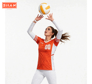 เสื้อวอลเลย์บอลแขนยาวคอวีสีส้มสำหรับผู้หญิง SHAN ผ้าโพลีเอสเตอร์ระบายอากาศได้ดี ชุดทีมแบบซับลิเมชั่น เสื้อกีฬา - Product Image 4
