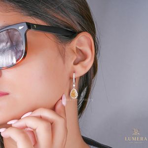 Fancy Yellow Pear Cut Lab Grown Diamond Dangle <b>Drop</b> Earrings Pave Lever <b>back</b> Halo Setting IGI Certified Gold Diamond Earrings - Product Image 4