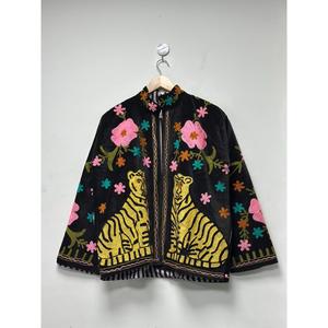Veste bohème en velours noir brodée de fleurs Suzani, motif tigre, manches longues, col montant, vêtements d'extérieur pour femmes, hiver - Product Image 1