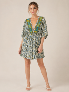 Wholesale Geometric Print Western <b>Dress</b> Deep V Neck Kimono Half Sleeve <b>Elastic</b> Waist Cutout Back Casual Summer Comfortable Wear - Product Image 1