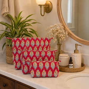 Red Yellow Hand Block Print Quilted Floral Cotton Cosmetic Bag Set Portable Zip Closure PVC Lining Durable Travel Storage Gift - Product Image 5
