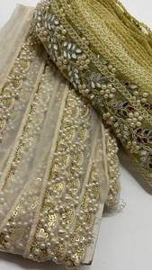 Bordure décorative de luxe fantaisie traditionnelle brodée de dentelle florale, de travail miroir et de perles pour Saree, Robe, Vêtement de mariage - Product Image 3
