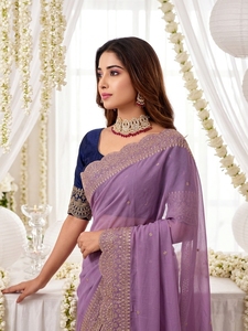 AARA Fashion <b>Purple</b> Traditional <b>Saree</b> Navy Blue Blouse for Women Wedding Wear Sun Protection Polyester Material Floor Length - Product Image 3