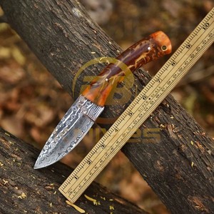 Cuchillo de Caza de Hoja Fija de Acero de Damasco, Punta Caída, Borde Recto, Mango de Madera, Funda de Cuero, Cuchillo para Acampar al Aire Libre - Product Image 2