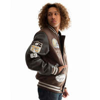 Veste Bomber Vintage Personnalisée en Gros pour Hommes, Marron, Style Varsity Letterman, Manches en Cuir Véritable, Patchwork en Tissu Éponge