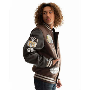 Veste Bomber Vintage Personnalisée en Gros pour Hommes, Marron, Style Varsity Letterman, Manches en Cuir Véritable, Patchwork en Tissu Éponge - Product Image 3