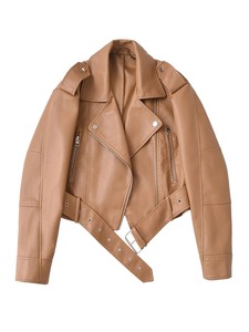 Veste courte en peau de mouton tricotée pour femme, style motard décontracté, avec ceinture, fermeture éclair et revers, coupe ample, pour l'hiver - Product Image 4
