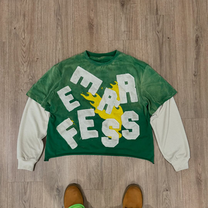 T-shirt de sport unisexe à patchwork délavé à l'acide double couche à manches longues surdimensionné 300 g/m² en coton pour hommes - Product Image 6