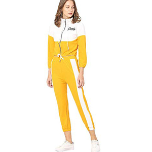 Ensemble de survêtement color block pour femme, manches longues, col rabattu, taille élastique, décontracté, printemps, jaune et blanc, 100 % polyester - Product Image 3