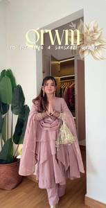 Mal Chanderi Pink Salwar <b>Suit</b> Floor-Length <b>Fancy</b> Lace Work Dupatta Casual Style Party Wear Designer Wrinkle-Free 3-Piece - Product Image 1
