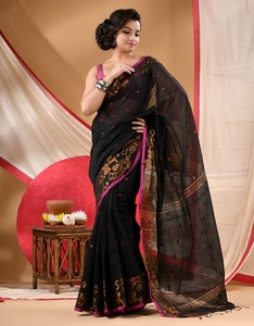 Sari Tradicional de Algodón Negro Tejido a Mano para Mujer KV con Diseño Pintado a Mano, para Fiestas, Sin Arrugas y Reversible, Blusa Sin Coser - Product Image 4
