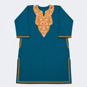 Kurti Kashmiri Azul Turquesa con Bordado Floral Aari en Color Durazno y Dorado, Brinda un Aspecto Atractivo para Mujeres, Compre Directamente del Fabricante - Product Image 2