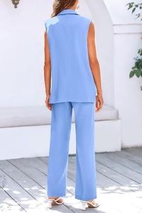 Women's Sleeveless <b>Blazer</b> <b>Set</b> Loose Fit Wide Leg Pants Two Piece Suit Casual Spring Summer Solid Color Blue Polyester - Product Image 3