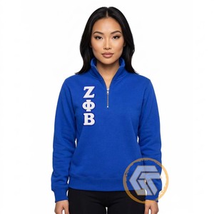 Zeta Phi Beta <b>Women's</b> <b>Quarter</b> <b>Zip</b> <b>Sweatshirt</b> Royal Blue Fleece Stand Collar Embroidered Greek Letters Pullover - Product Image 2