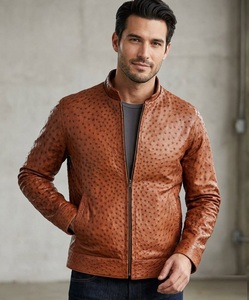 Men's <b>Vintage</b> Full Ostrich Genuine Leather Casual <b>Jacket</b> Western Wear <b>Bomber</b> Riding Racing Leather <b>Jacket</b> for Men - Product Image 2