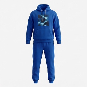 Unisex Blue Hooded <b>Tracksuit</b> With Front Photo Print Casual Full Length Sweatshirt And Pants Set For Adults Autumn Wear - Product Image 1