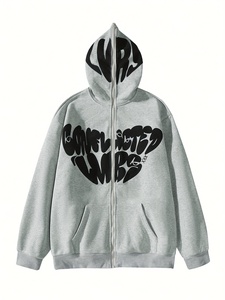 Oversized Hoodie <b>Men</b> Gray Zipper Front Letter Print Streetwear Breathable Knitted Cotton Sweatshirt Autumn Regular Fit Custom - Product Image 1