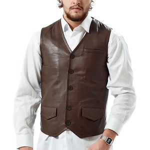 Classic <b>Mens</b> <b>Brown</b> Leather <b>Waistcoat</b> with Front Button Fastening Chest Welt Pocket Dual Flap Pockets Elegant Tailoring and OEM - Product Image 1