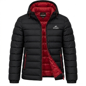 Veste matelassée noire pour homme avec doublure rouge, veste d'hiver à capuche, ONEAPEX, vente en gros, manteau chaud pour l'extérieur - Product Image 1