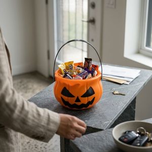 Seau à bonbons en plastique orange en forme de citrouille avec poignée pour Halloween, idéal pour l'emballage de bonbons de la fête de la Toussaint, fabriqué au Vietnam - Product Image 3