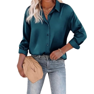 Camisa de Satén para Mujer, con Botones, Manga Larga, Cuello Camisero, Corte Holgado, Color Sólido, Blusa Casual, Manga Larga, Largo Regular - Product Image 1