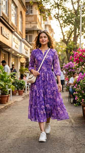 Purple Floral Print Chiffon Midi Dress V-Neck <b>Three</b> Quarter Sleeve A-Line Loose Casual Summer Wear Breathable Layered Hem - Product Image 3