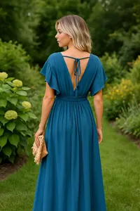 Blue <b>boho</b> maxi <b>dress</b> for women deep V neckline flutter sleeve button down front flowy long <b>summer</b> outfit <b>dress</b> - Product Image 3
