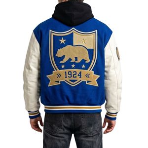 Wholesale Bright Blue Hooded Varsity Jacket Wool Leather Heavyweight Breathable Embroidery Premium Quality Jackets - Product Image 4