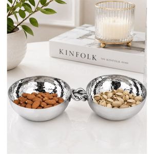 Wholesale Luxury Hammered Stainless Steel Double Chocolate <b>Bowl</b> Snack Serving <b>Set</b> Knot Handle Modern Tableware Home Hotel Decor - Product Image 1