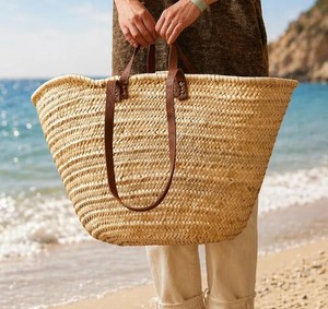 Bolso de Hojas de Palma Marroquí Tejido a Mano, Asas de Cuero, Cesta de Mercado Francesa - Product Image 2
