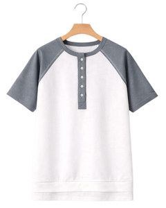 Women White Gray Raglan Sleeve Henley T Shirt Cotton Blend Short Sleeve Casual Summer <b>Top</b> Trendy Comfortable Lightweight Wear - Product Image 1