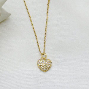 925 Sterling Silver Gold Plated Heart Pendant Necklace White CZ Pave Setting <b>Cable</b> Chain Wholesale Jewelry - Product Image 1