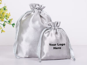 Luxury Grey Jewelry Storage Bag and Satin <b>Pouch</b> with <b>Drawstring</b> Closure Lightweight 3x4 Inches Customized Silk Printing Logo - Product Image 4