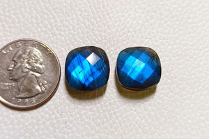 Blue Flash Labradorite <b>Cushion</b> Checker Cut Loose Gemstone Pair 15mm Double Sided Faceted Stone For Jewelry Making Flat <b>Back</b> - Product Image 3