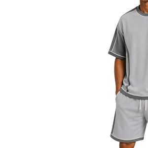 <b>Light</b> Grey Mens Oversized T Shirt And Shorts Set Dark Grey Contrast <b>Panels</b> Custom Logo Crew Neck Casual Streetwear Wholesale - Product Image 3