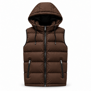 Men's Brown Hooded Puffer <b>Vest</b> Casual Winter Sleeveless <b>Padded</b> Jacket Zipper Front - Product Image 1