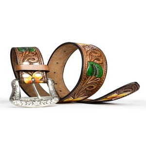 Custom Floral Engraved Men's Fashion Top Grain Western Leather <b>Tooling</b> <b>Belt</b> with Stylish Brass Single Prong Buckle Set - Product Image 4