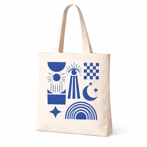 AMANI Premium 250gsm Cotton <b>Canvas</b> <b>Tote</b> Bag Blue Geometric Print Long Handle Washable Eco Friendly Reusable Shopping Bag Custom - Product Image 1