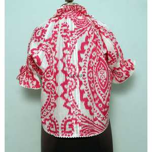 Túnica Moderna con Estampado Floral, 100% Algodón Lavable, Estilo Casual Femenino, Cuello Mandarín con Volantes, Manga Media, Mini - Product Image 6