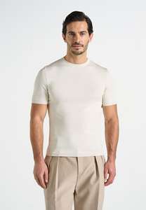 T-shirt en coton tricoté à manches courtes et col rond pour homme, coupe ajustée, couleur unie, décontracté, respirant, blanc - Product Image 5
