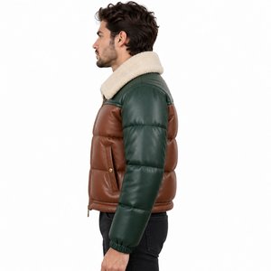 Chaqueta de Cuero para Hombre, Color Marrón y Verde, con Bloques de Color, Cuello de Piel Sintética, Cierre de Cremallera, Impermeable, Transpirable, Resistente al Viento, Informal para Invierno - Product Image 3