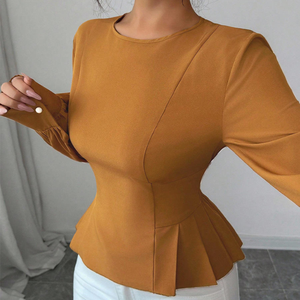 Chemise à manches ballon unie pour femme avec volants, col rond, manches longues, style moderne et romantique, coupe classique, à porter toute l'année - Product Image 4