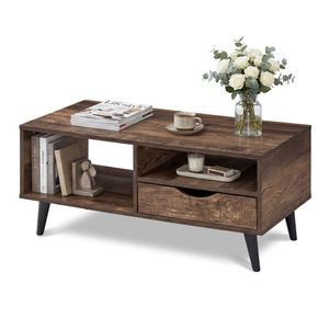 Tavolino da Caffè Rustico in Legno Ingegnerizzato Noce da 92,7 cm con Cassetto e Ripiani Aperti, Arredamento per Interni per Soggiorno e Bar - Product Image 3