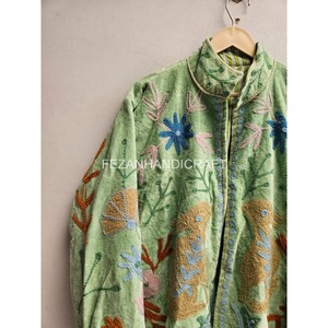 Chaqueta de Terciopelo con Bordado Floral a Mano, Cuello Mao Verde, Cierre Abierto, Exterior de Algodón, Abrigo Casual de Primavera para Mujer - Product Image 5