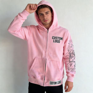 Fabricant de vêtements pour hommes, streetwear, sweats à capuche roses à fermeture éclair, logo personnalisé, graphisme tatoué, coupe ample, sweats en molleton pour hommes - Product Image 1
