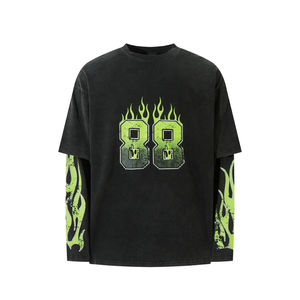 T-shirt streetwear personnalisé en coton délavé à l'acide, coupe oversize, impression sérigraphique, double couche, manches longues pour hommes - Product Image 1