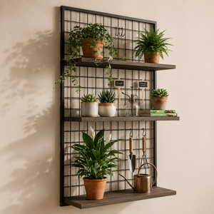 Wall Mounted <b>Metal</b> <b>Grid</b> Plant Shelf Wooden Rack Indoor Garden Organizer with Hooks for Home Decor Display - Product Image 6